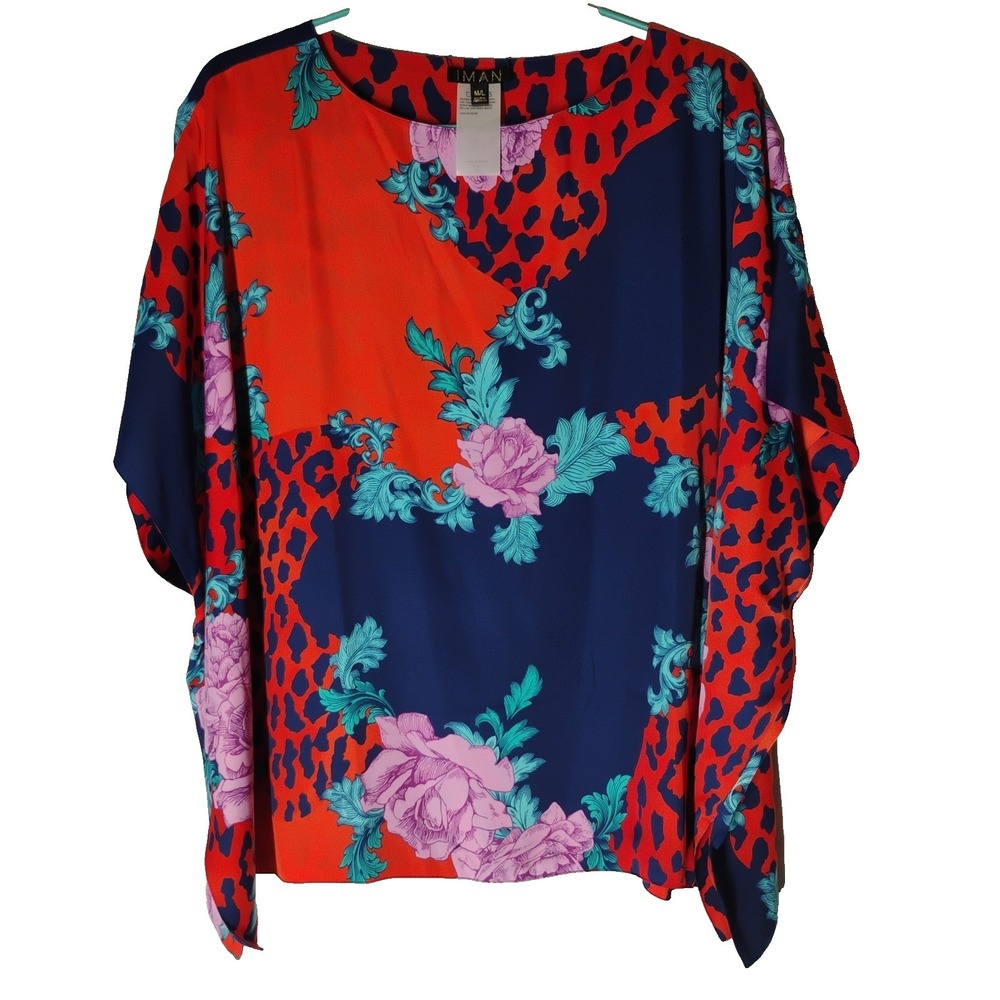 IMAN Top Womens M/L Multicolor Boho Chic Reversible Printed Poncho Style Shirt